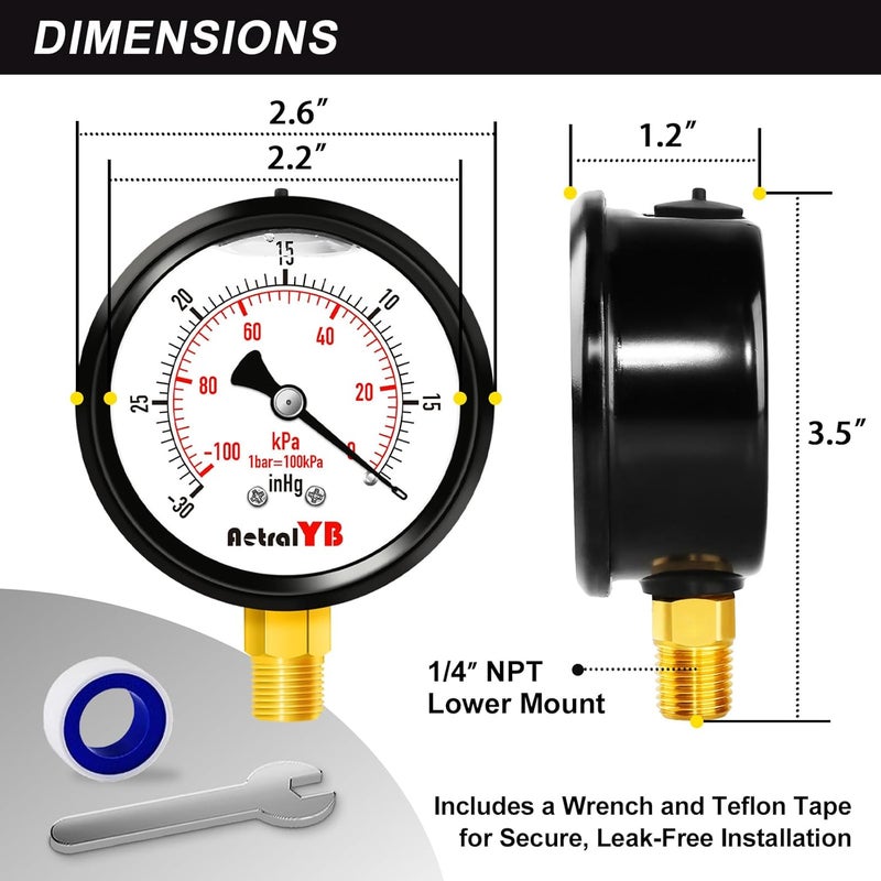 AetralYB 2.5 Inch Vacuum Gauge -30 inHg -100Kpa,304 Stainless Steel Case, Liquid Filled Vacuum Gauge, 2.5" Dial, 1/4" NPT Lower Mount, Vacuum Pressure Gauge for HVAC, Vacuum Pump,Vacuum Pressure Test - Image 5